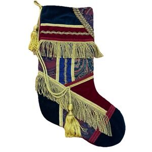 Victorian Style Christmas Stocking Patchwork & Fringe 20" Tassels Navy Red Gold